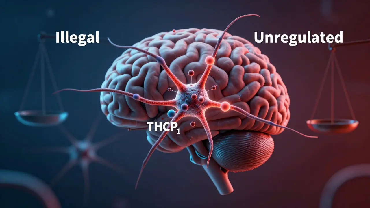 Mikroskopische Ansicht eines Gehirns, das von THCP-Molekülen stark stimuliert wird, umgeben von rechtlichen Waagen.