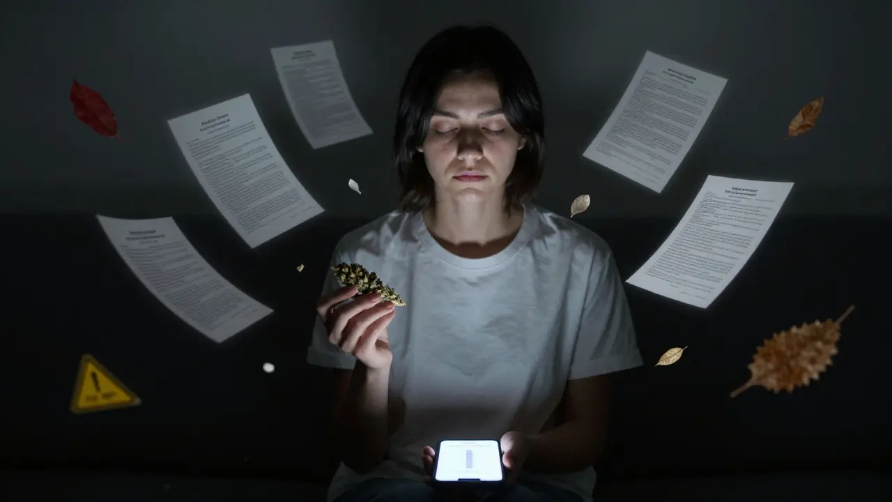 Person in ruhigem Raum, umgeben von schwebenden legalen und medizinischen Symbolen.