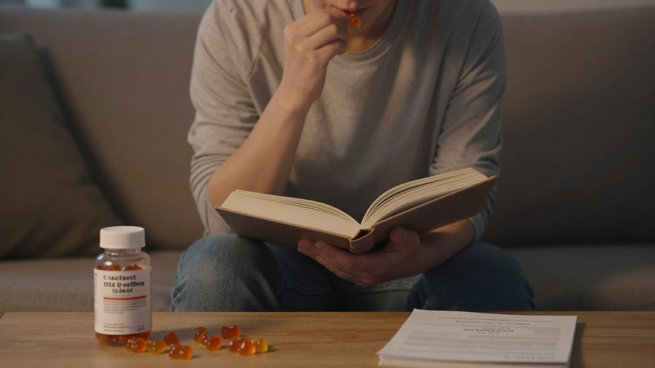 Person isst beruhigend ein CBD-Gummibärchen abends auf dem Sofa.