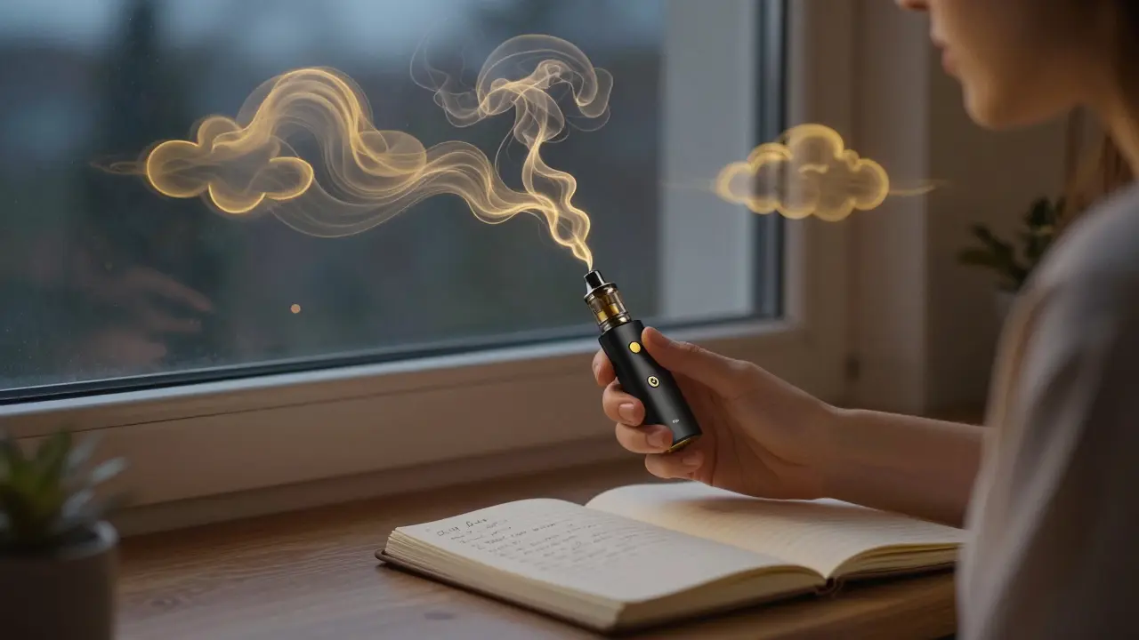 Person mit CBD-Vape am Fenster bei Dämmerung, sanfter Dampf