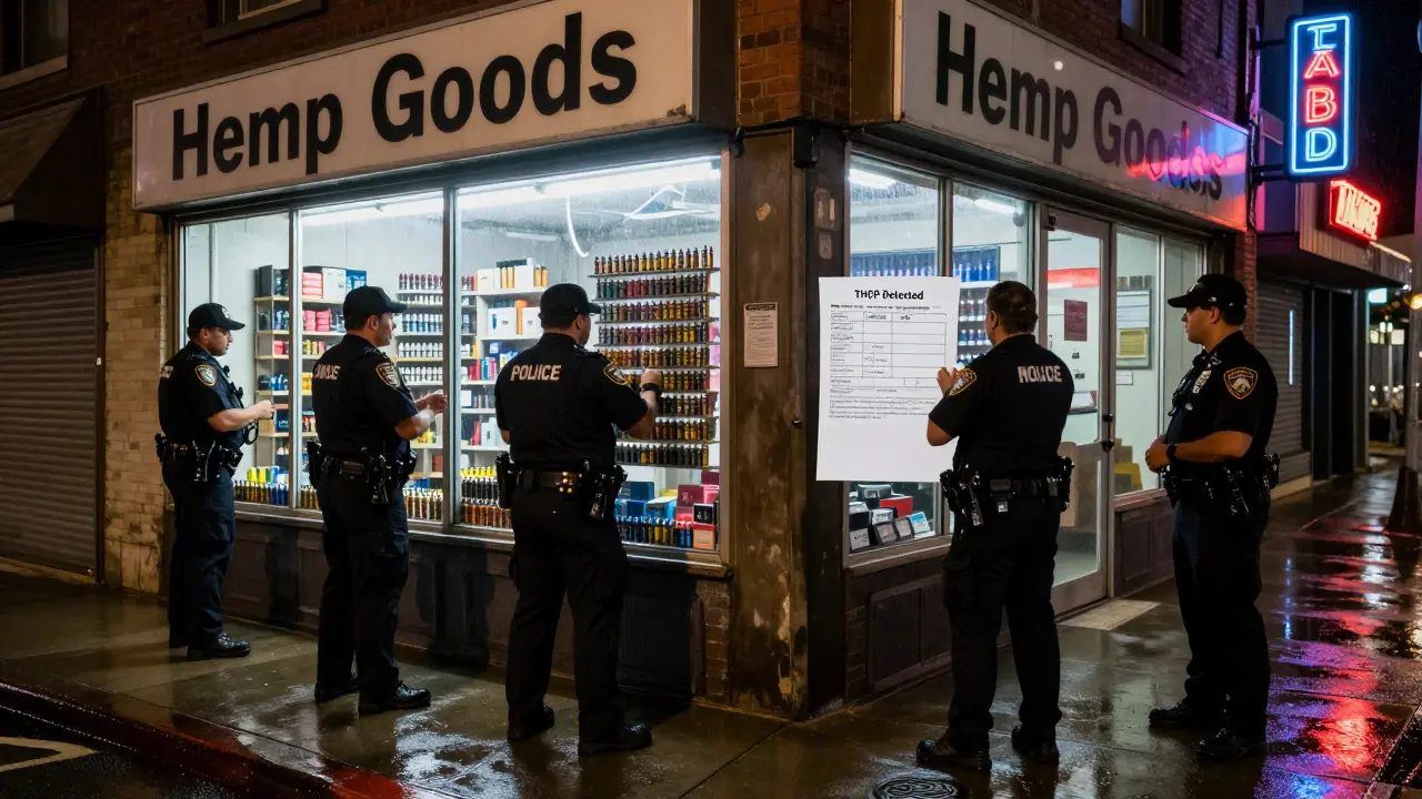 Polizei beschlagnahmt THCP-Vapes vor einem Geschäft in Texas, Regen spiegelt das Licht der Neonreklamen.