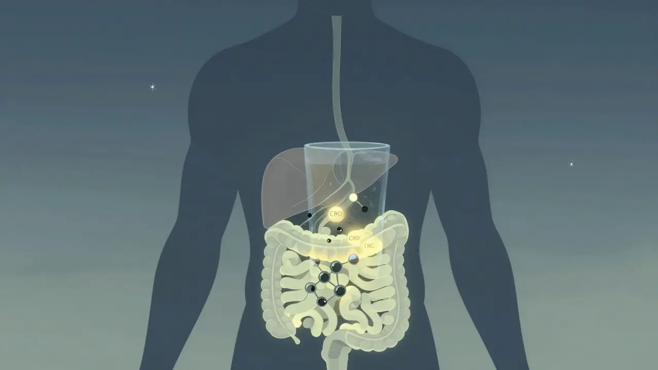Silhouettierter Mensch mit darstellenden Molekülwegen von CBD und THC durch den Verdauungstrakt zur Leber und zum Gehirn.