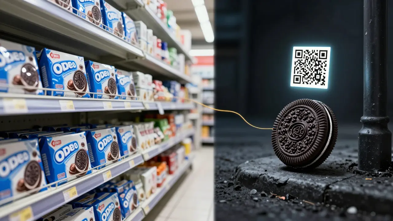 Split-Bild: Rechtliche CBD-Schokolade links, illegale Oreo-Cannabis-Variante rechts mit QR-Code.