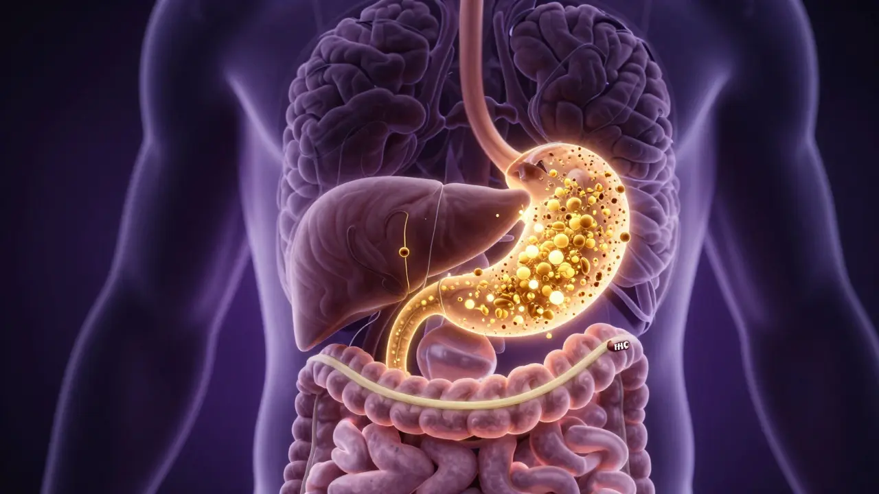 Surreale Darstellung der Umwandlung von THC in 11-Hydroxy-THC im Körper, mit goldenen Partikeln, die zum Gehirn fließen.