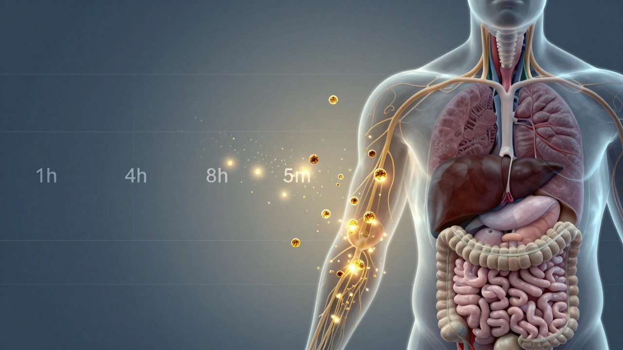 Transparenzdarstellung des Körpers mit goldener CBD-Release aus Fettgewebe über mehrere Stunden.