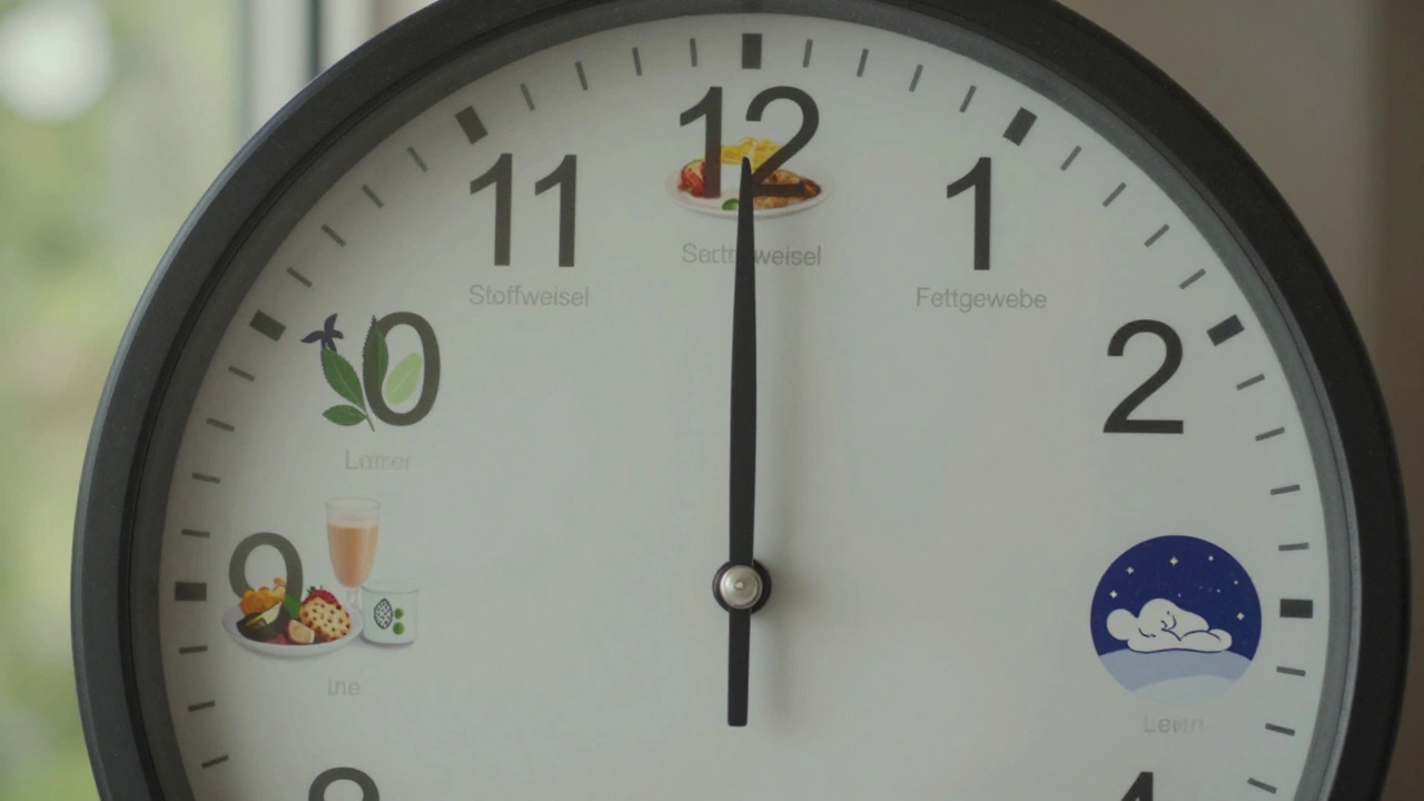 Uhr mit Lebensmomente als Stunden, verdeckt von CBD-Symbolen, natürliches Licht, ruhige Stimmung.