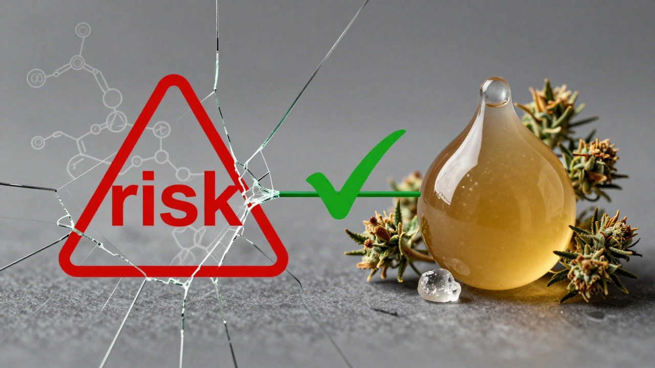 Vergleich: Chemisch hergestelltes Shatter links, natürlicher Rosin rechts mit Blüten
