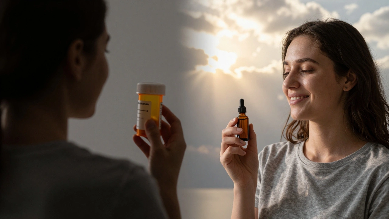 Vergleich: Schmerzmittel mit Dunkelheit vs. CBD-Öl mit Licht – Symbol für Linderung.