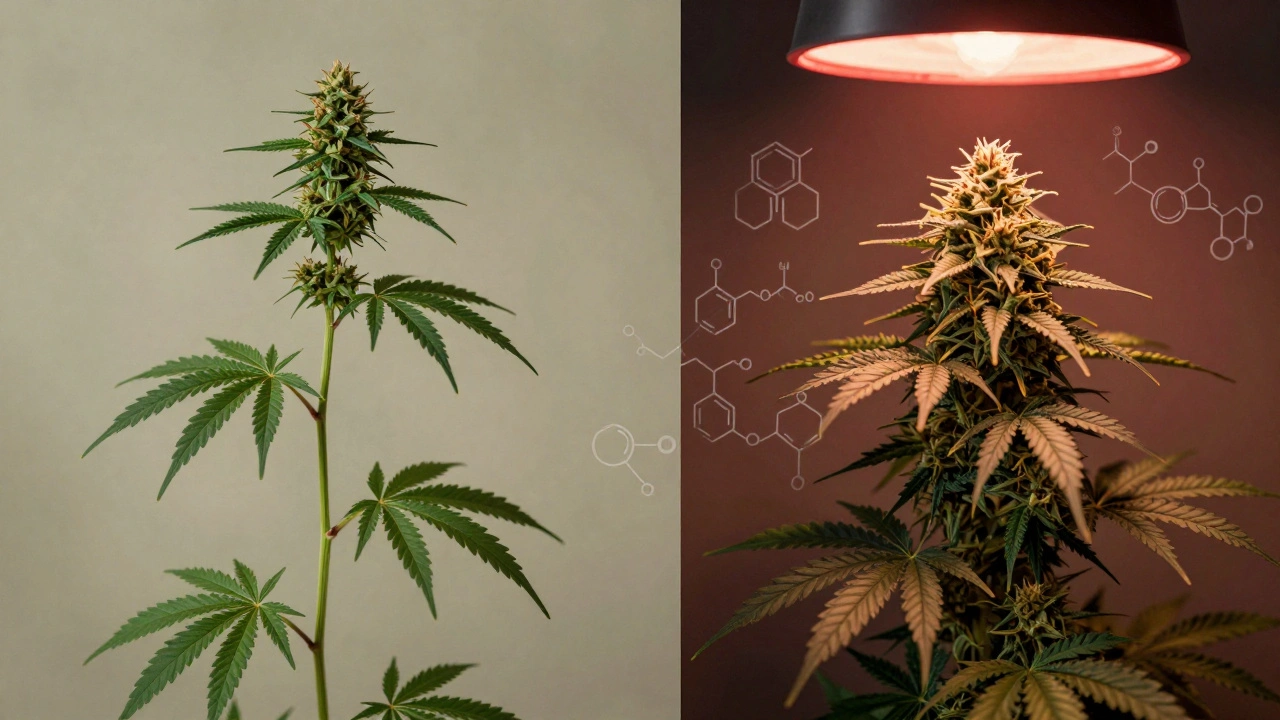 Vergleich von Hanf- und Cannabis-Pflanzen mit CBD- und THC-Extraktion.