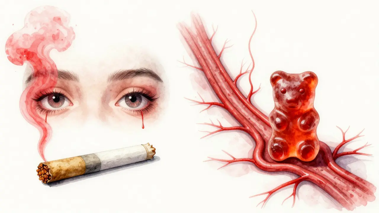 Wasserfarb-Illustration: Rauchen vs. Kaugummi – unterschiedliche Wege zur Augenrötung.