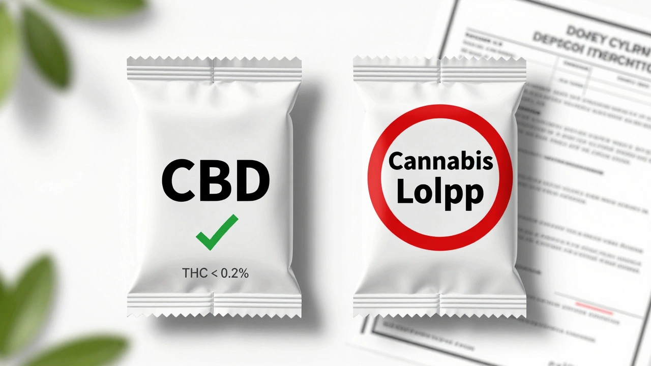 Zwei Candy-Verpackungen verglichen: eine mit legaler CBD-Kennzeichnung, eine mit Verbotssymbol.