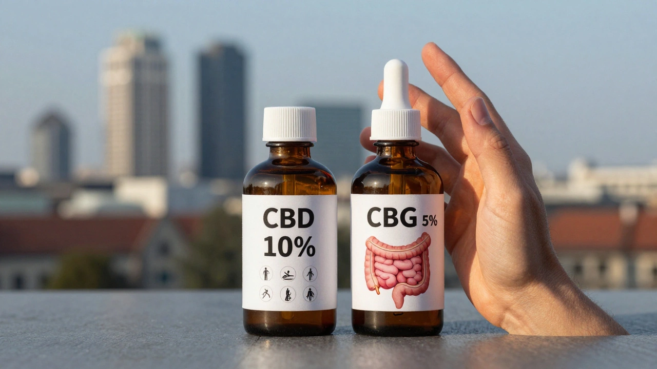 Zwei Flaschen CBD und CBG mit symbolischen Anwendungsgebieten: Haut, Gelenke, Darm.