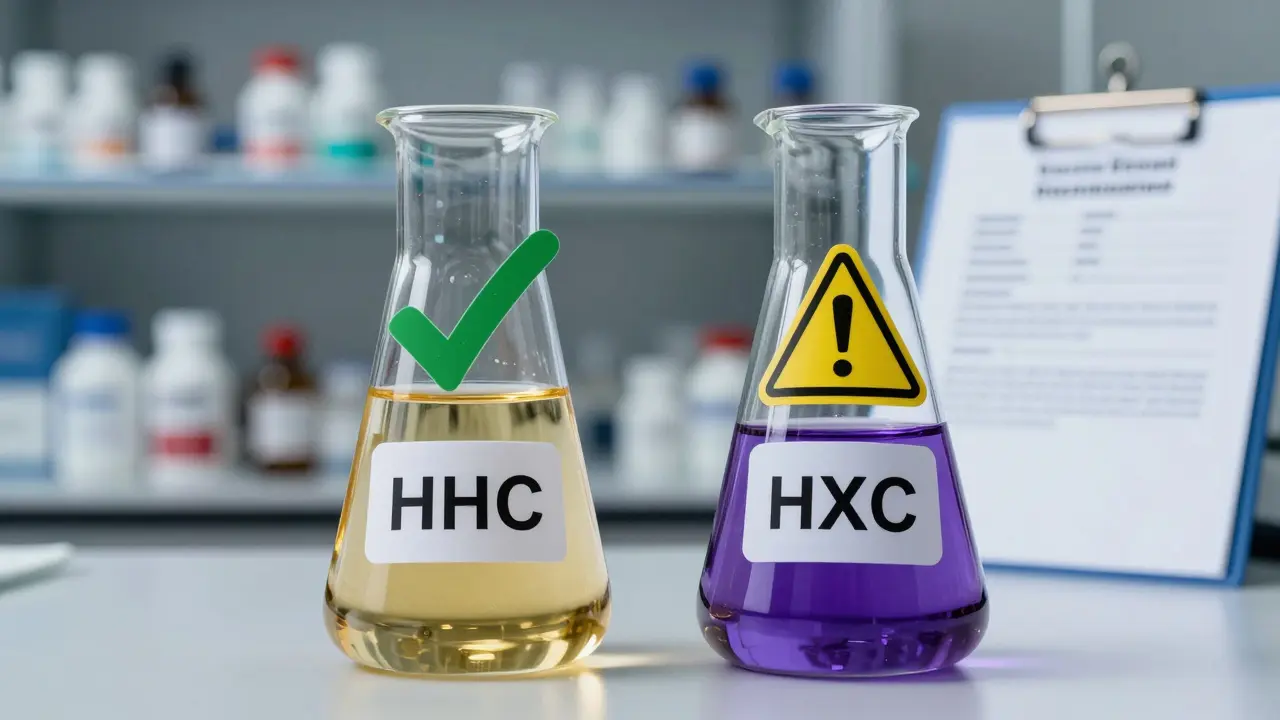 Zwei Laborflaschen mit HHC und HXC, neben einer Zertifizierungsbescheinigung und Warnsymbolen, in klinischem Licht.