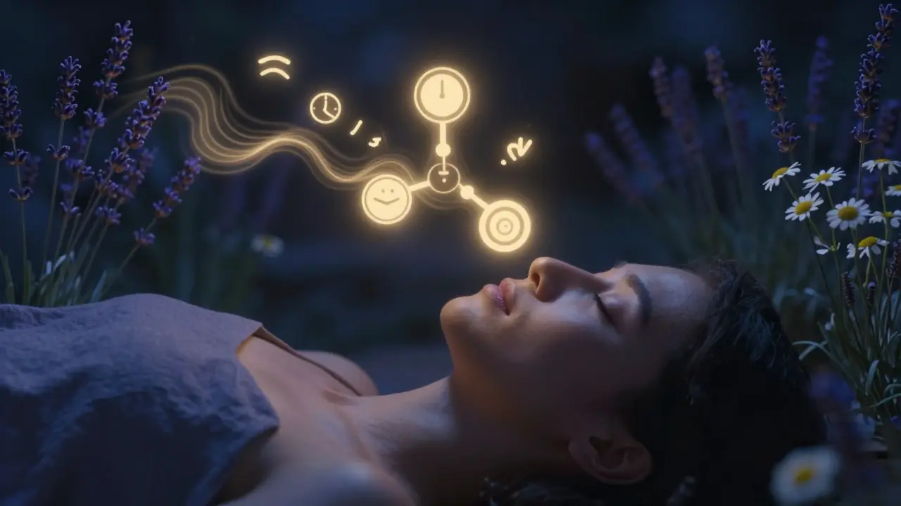 Abstrakte CBG-Molekül-Visualisierung, die Stress auflöst und tiefen Schlaf fördert.