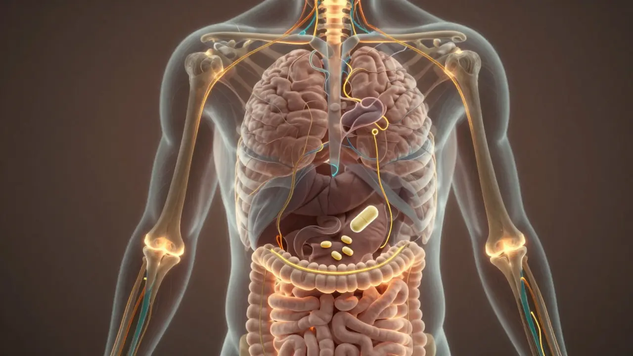 Abstrakte Darstellung des Endocannabinoid-Systems im menschlichen Körper mit goldenen Lichtwegen.