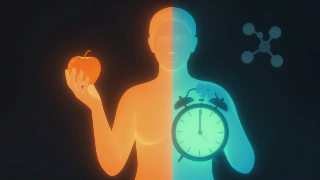 Aufgespaltete Figur: Delta-8 als warme Euphorie, THCV als kühler Stoffwechsel-Boost.