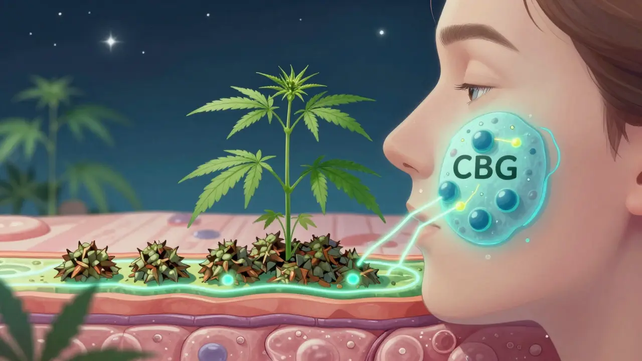Botanische Darstellung, wie CBG aus der Hanfpflanze in die Hautzellen wirkt.