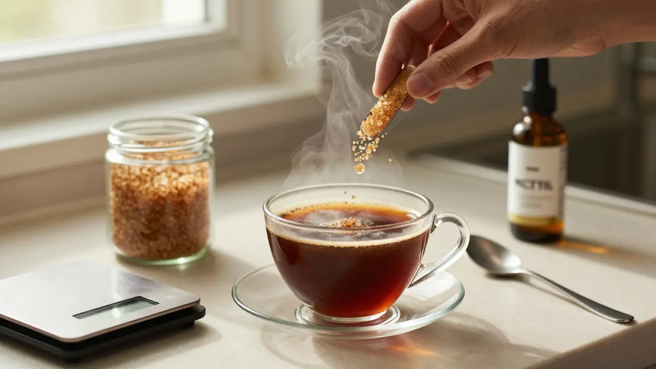 CBD-Kristalle werden in eine Tasse warmen Kaffees gerührt, Dampf steigt auf, ruhige Küchenatmosphäre.