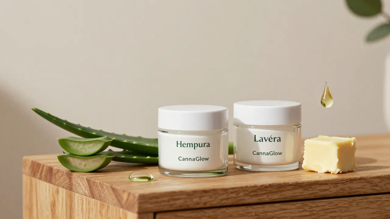 Drei CBD-Hautpflegeprodukte mit natürlichen Zutaten wie Aloe Vera und Sheabutter auf Holzoberfläche.