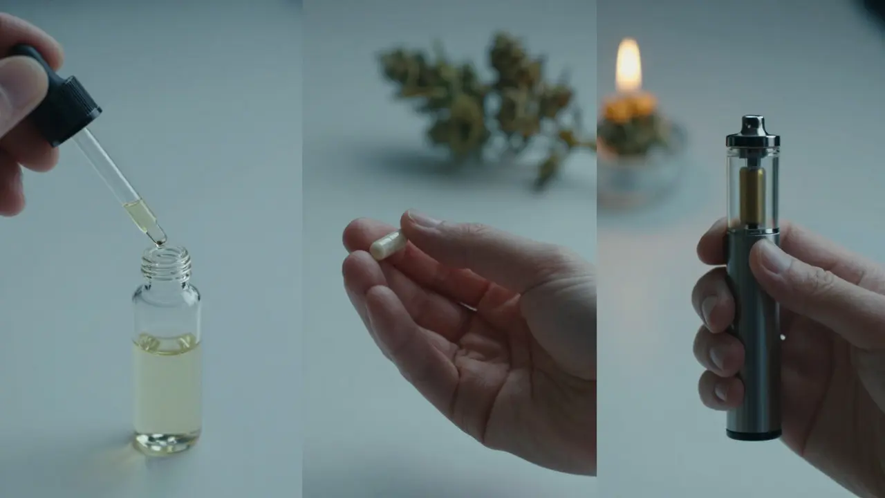 Drei Methoden der CBD-Einnahme: Tropfen, Kapsel und Vaporisieren, verglichen mit Rauchen.