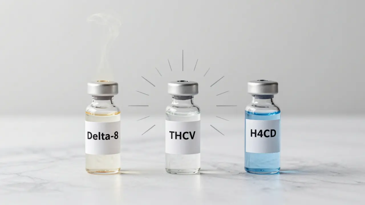 Drei transparente Fläschchen mit Delta-8, THCV und H4CBD auf Marmor, abstrakte Effekte.