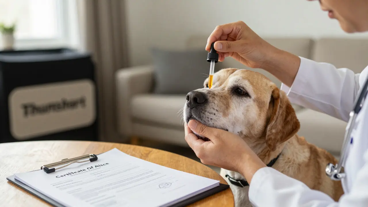 Ein älterer Hund erhält vorsichtig CBD-Öl von einem Tierarzt, während ein Zertifikat auf dem Tisch liegt.