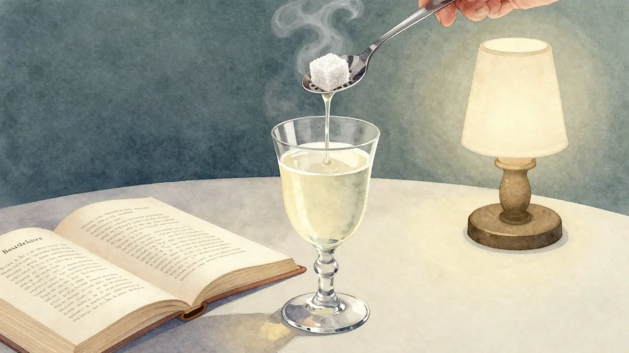 Ein Glas Absinth wird traditionell mit Zucker und Wasser verdünnt, während ein Buch neben ihm liegt.