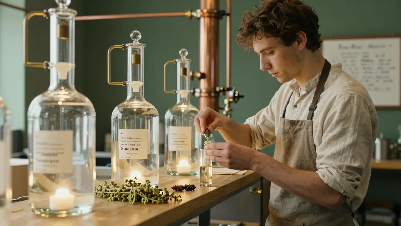 Ein moderner Absinth-Abfüller misst in einer Schweizer Destille den Thujongehalt von Wermut und Anis.