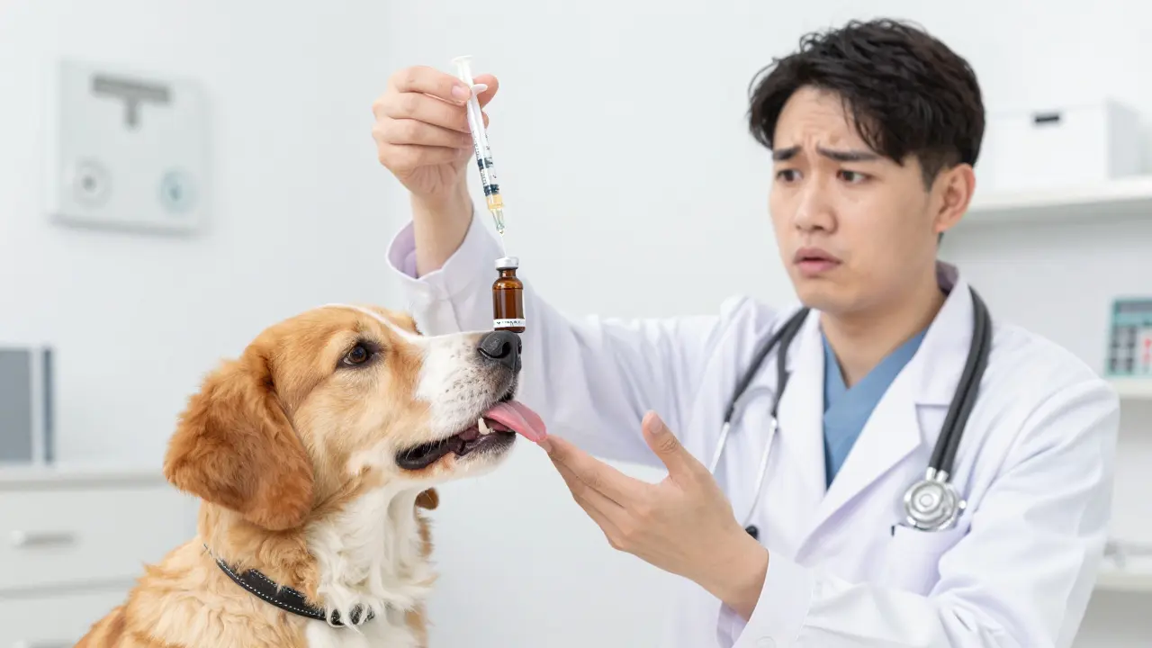 Ein Tierarzt gibt einem Hund genau dosiertes CBD-Öl in den Mund.