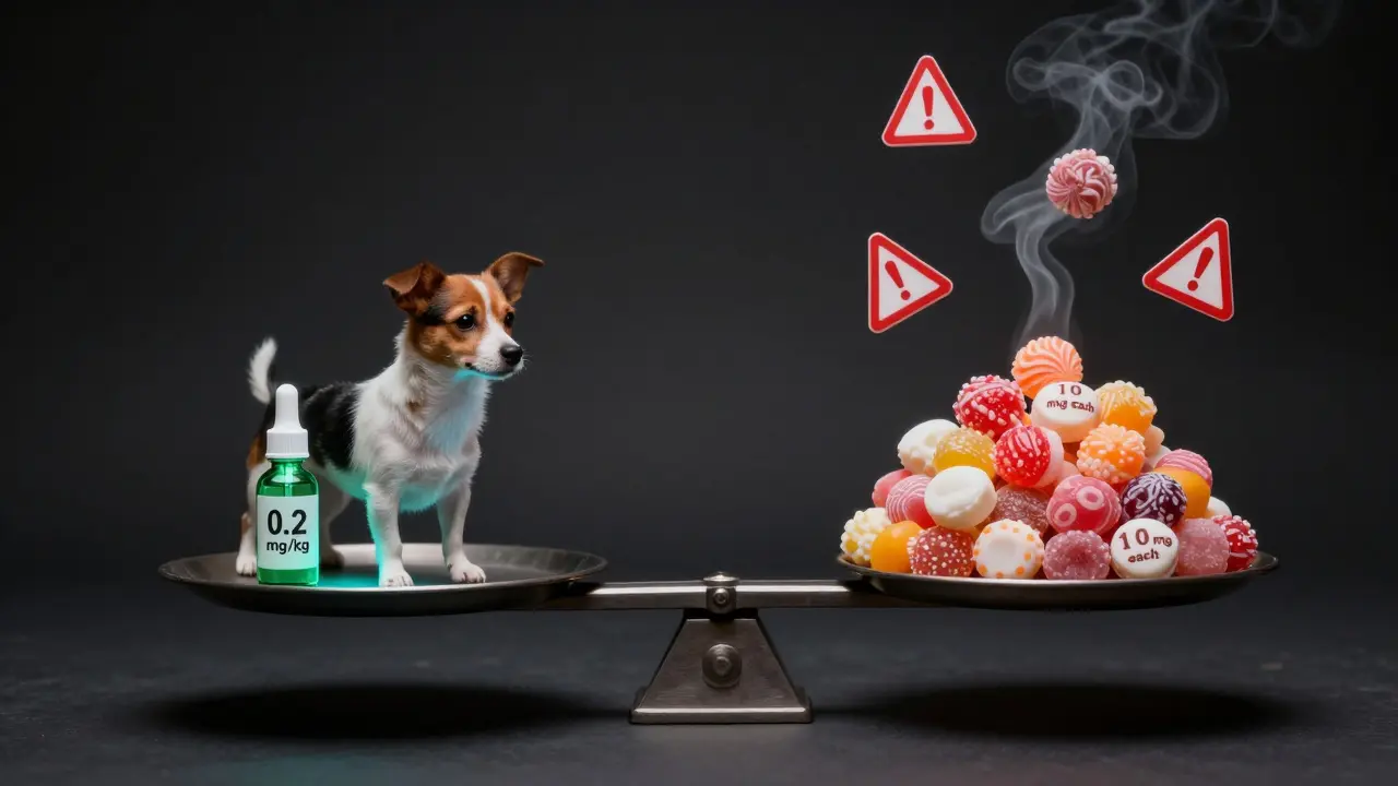 Eine Waage zeigt die Gefahr von zu vielen CBD-Leckereien gegenüber der richtigen Dosis.