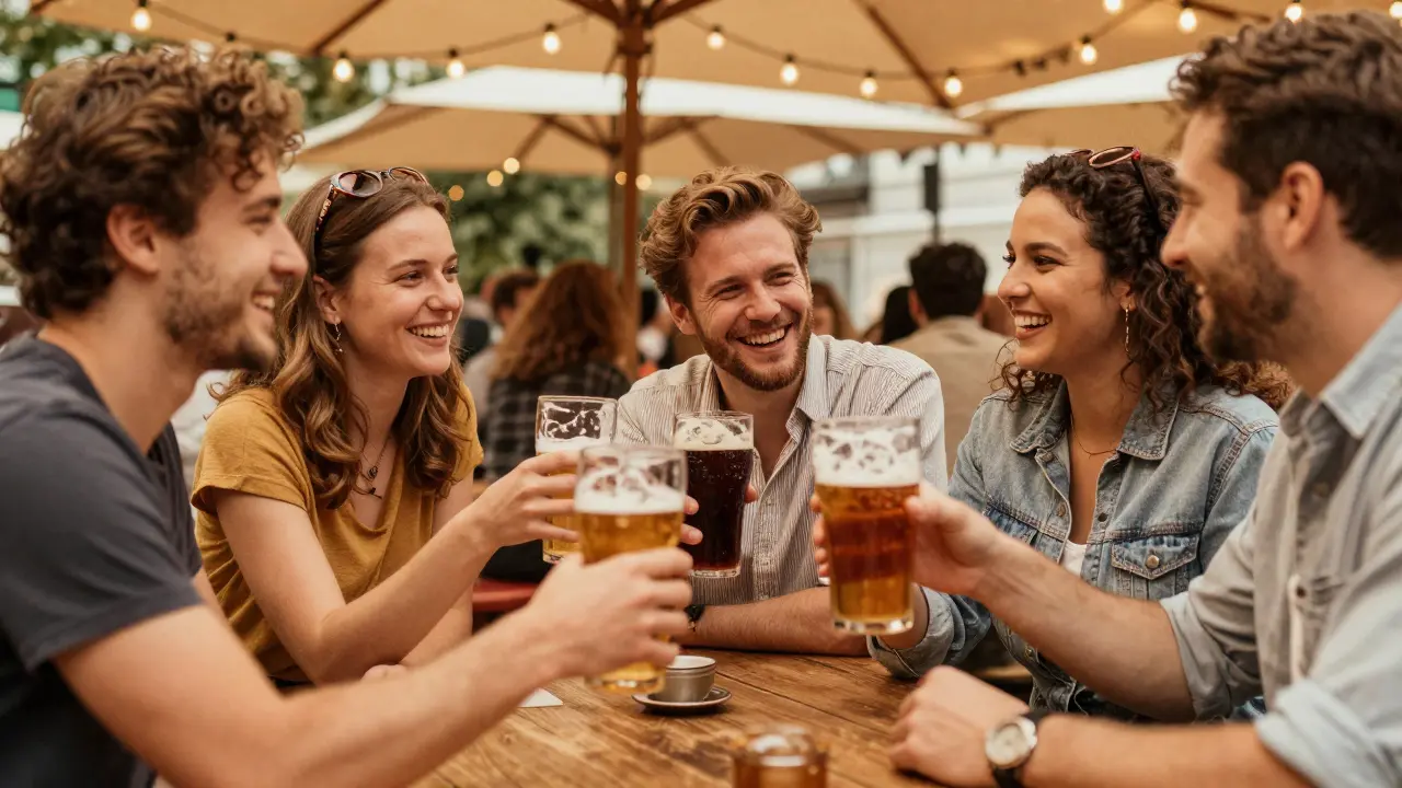 Freunde in einem Berliner Biergarten mit alkoholfreien CBD-Getränken, natürliche Stimmung.