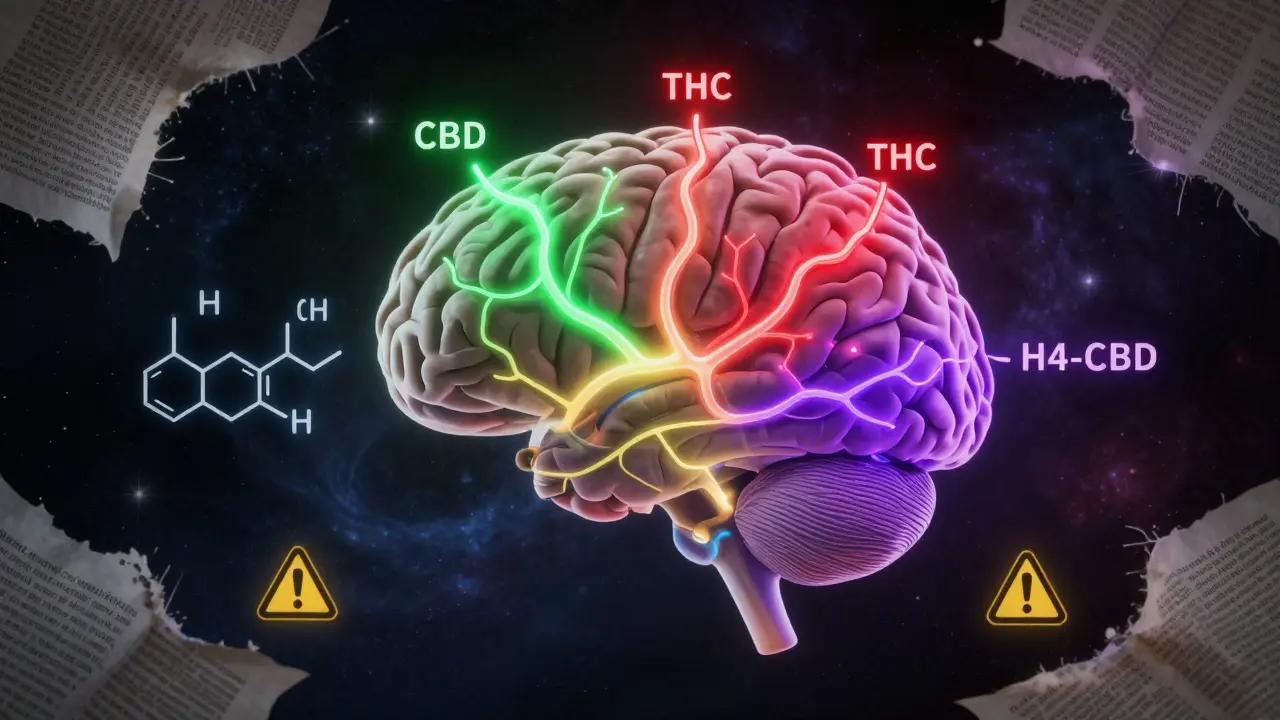 Gehirn mit farbigen Nervenwegen für CBD, THC und H4-CBD in symbolischer Darstellung