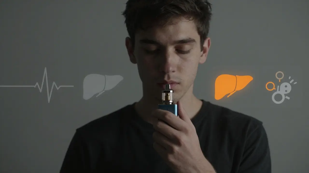 Junge Person mit Vape-Gerät, Gesicht halb im Licht, halb im Schatten, mit Risiko-Overlays