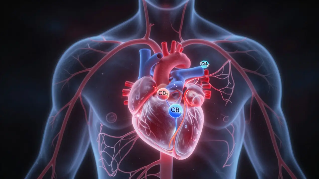 Künstlerische Darstellung des Endocannabinoid-Systems mit CBD-Molekülen, die auf Rezeptoren wirken.