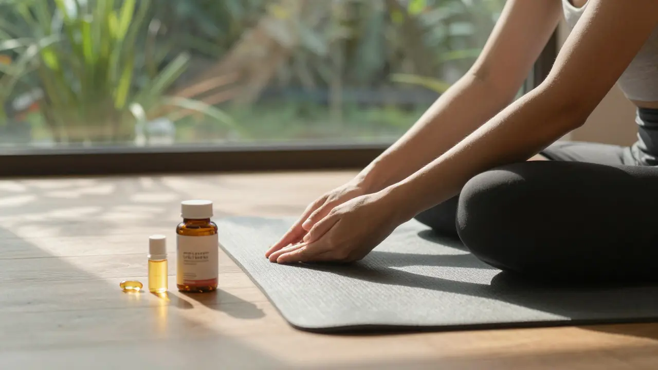 Mensch dehnt sich morgens in der Sonne, CBD-Kapseln und Omega-3-Flasche liegen daneben.