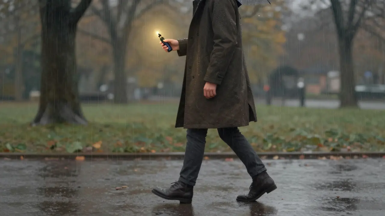 Mensch spaziert im regnerischen Park mit CBD-Vape, umgeben von Ruhe und Licht.