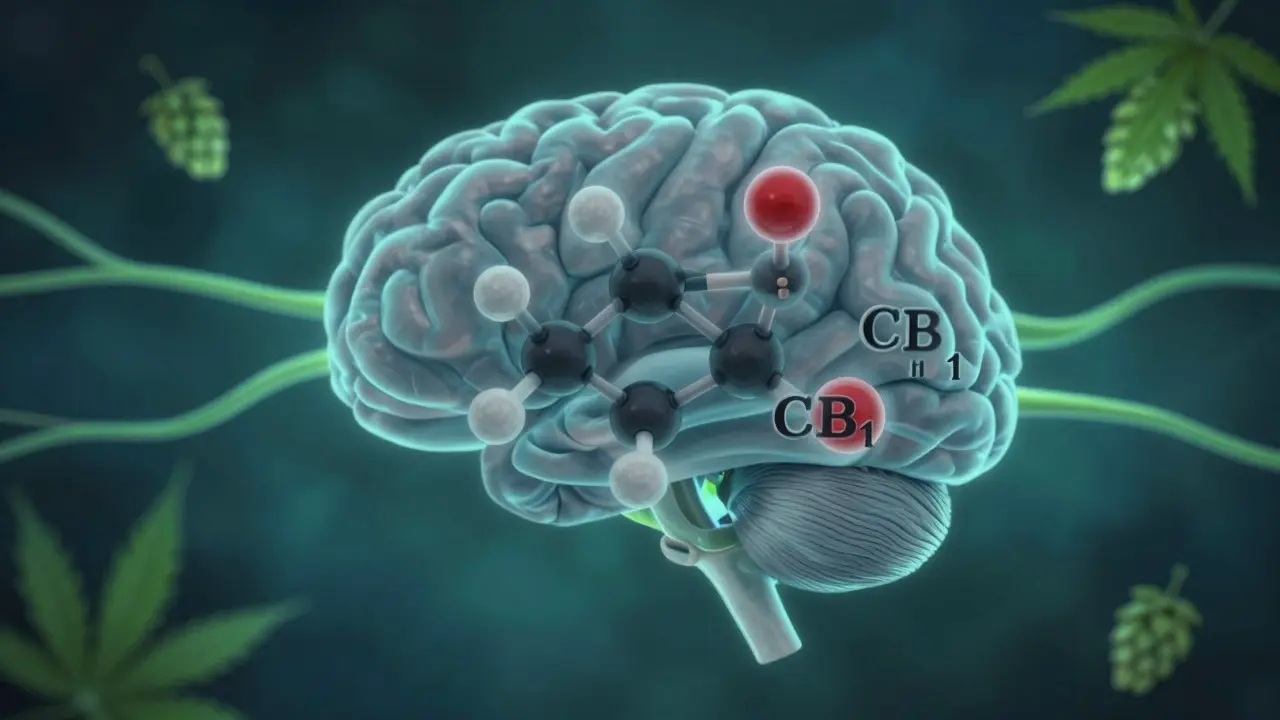 Molekulare Darstellung von CBD, das mit Gehirnrezeptoren interagiert, in sanften Blau- und Gruntönen.
