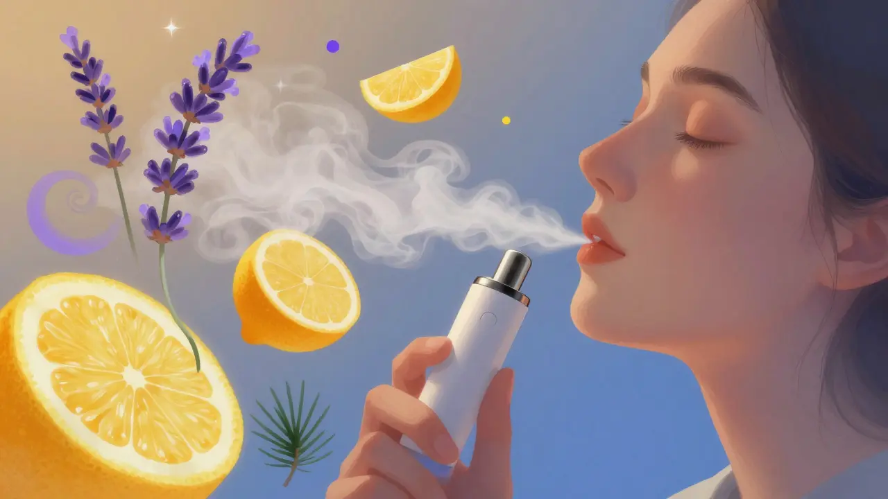 Person atmet sanft Dampf aus einem Vaporizer, umgeben von abstrakten Terpen-Spiralen