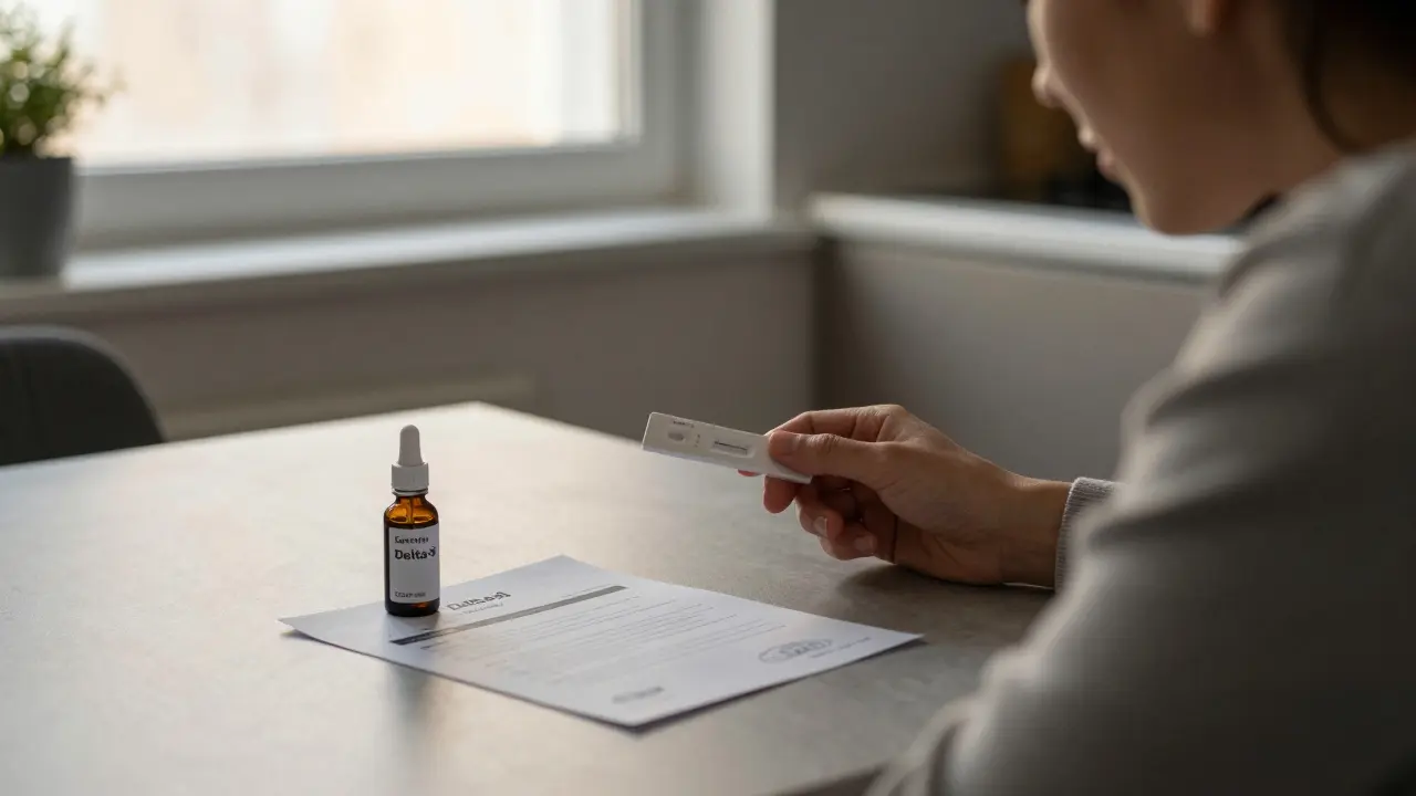 Person blickt auf einen positiven Heim-Drogentest mit Delta-8-Fläschchen neben sich.