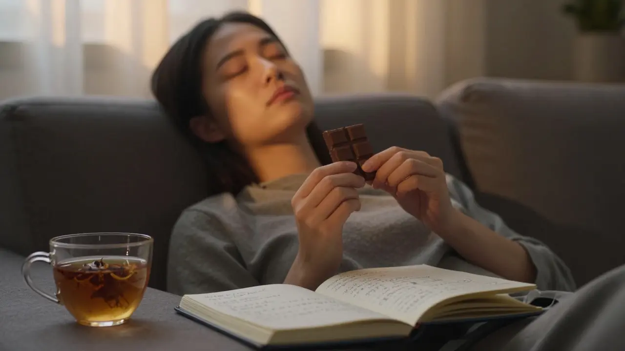 Person genießt CBD-Schokolade abends in ruhiger Umgebung