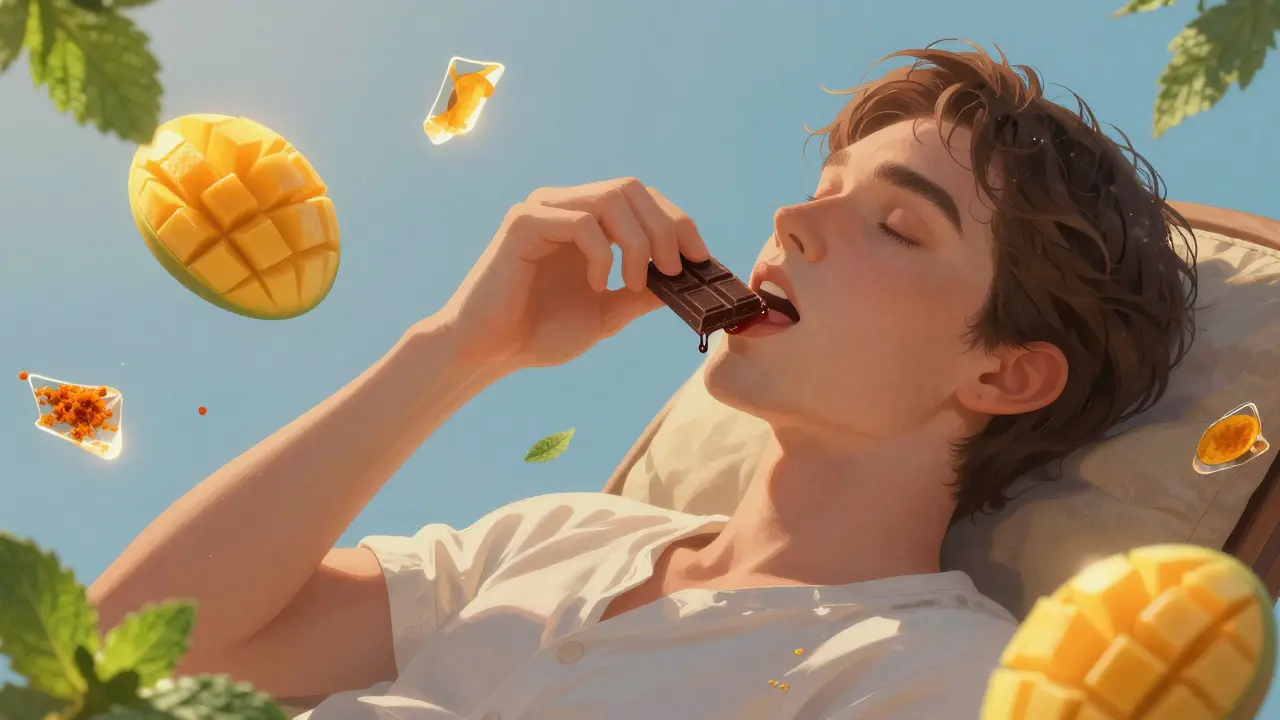 Person genießt dunkle Schokolade, umgeben von schwebenden Mango-, Minz- und Kurkumafragmenten.