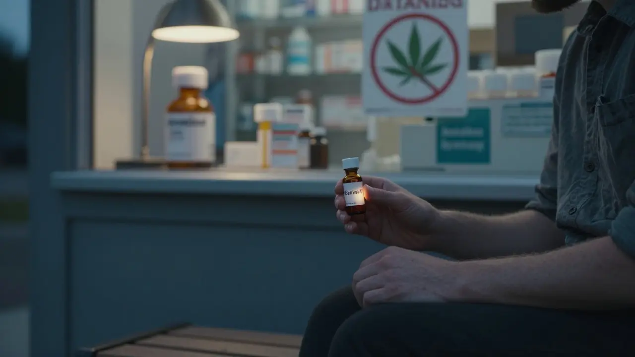 Person hält Delta-8-Öl, im Hintergrund eine verschriebene THC-Medizin unter einer Lampe.