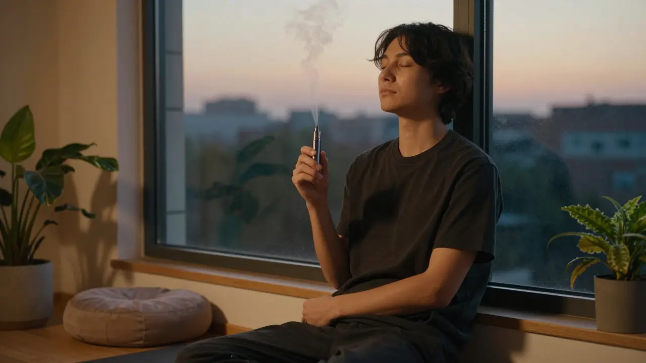 Person in Abenddämmerung mit Vape-Pen, entspannt am Fenster sitzend.