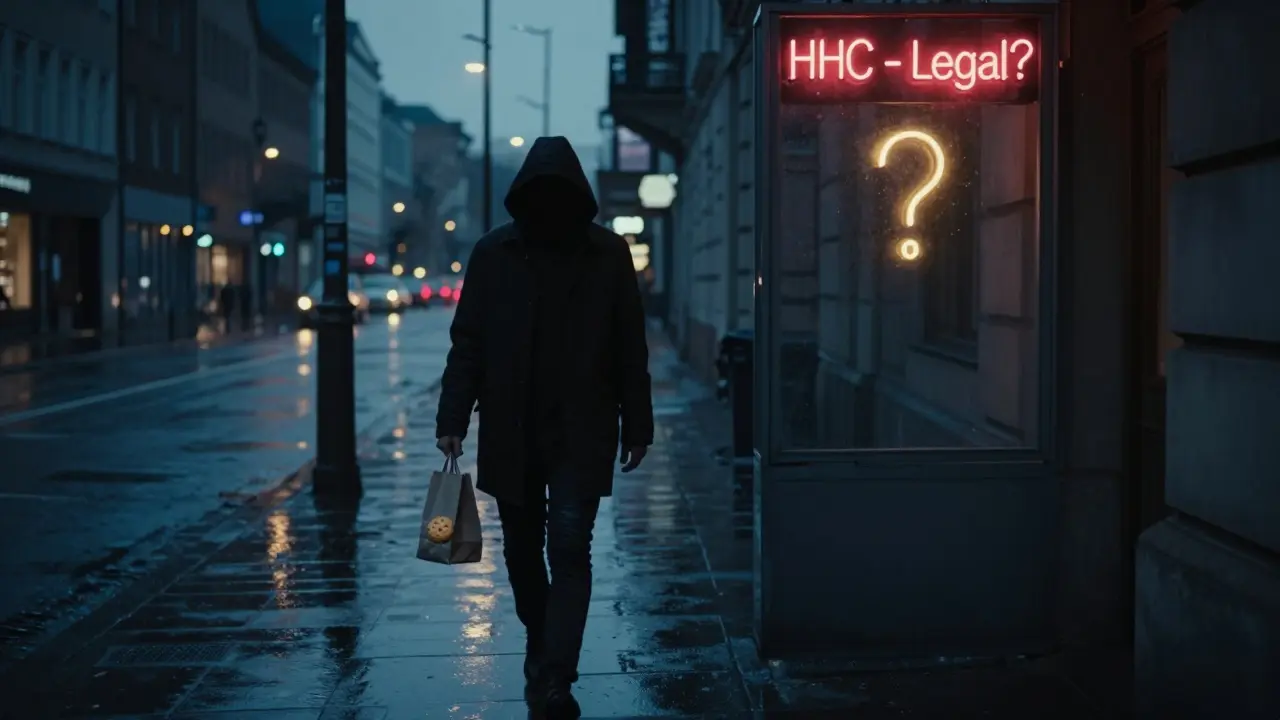 Person mit HHC-Cookie in einer deutschen Stadt bei Dämmerung, vor einem Neon-Schild mit 'Legal?'
