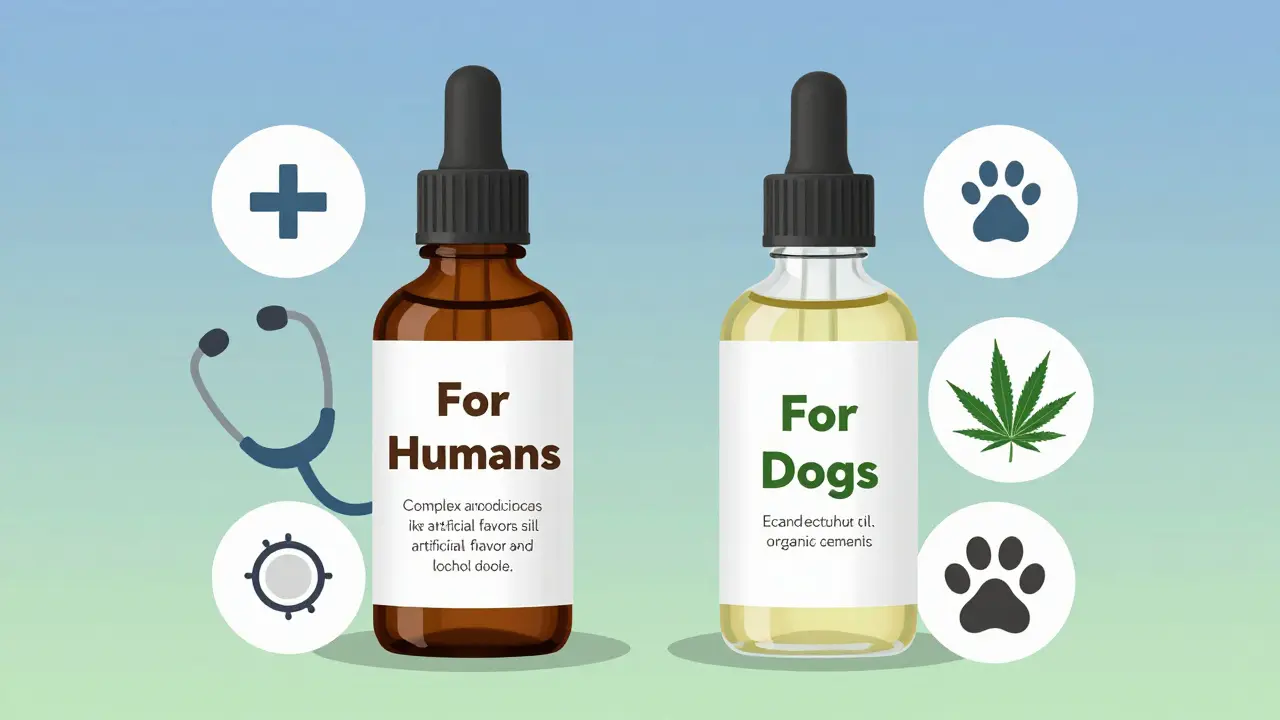 Vergleich zweier CBD-Öl-Flaschen: eine für Menschen mit Zusatzstoffen, eine für Hunde mit reinen Inhaltsstoffen.