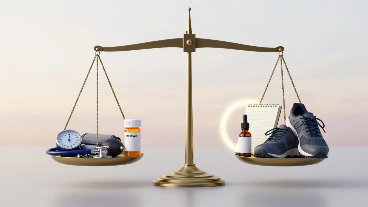 Waage mit Blutdruckmedikamenten auf einer Seite, CBD und gesunde Gewohnheiten auf der anderen.