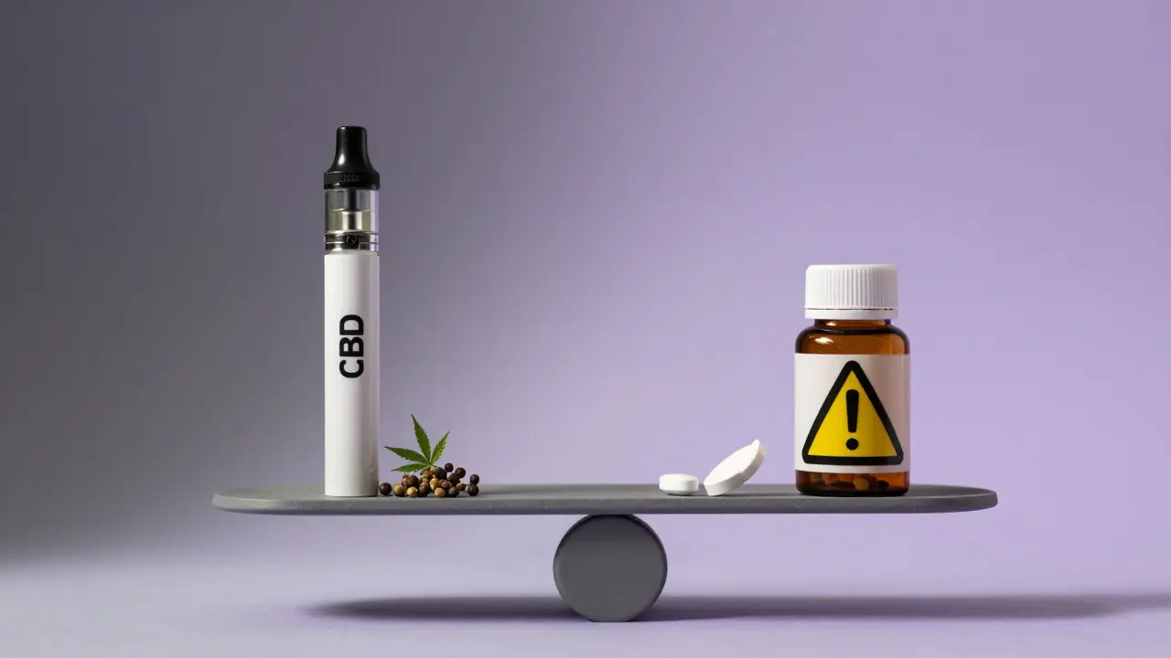 Waage mit CBD-Vape und Warnsymbol – Symbol für ausgewogene Entscheidung.