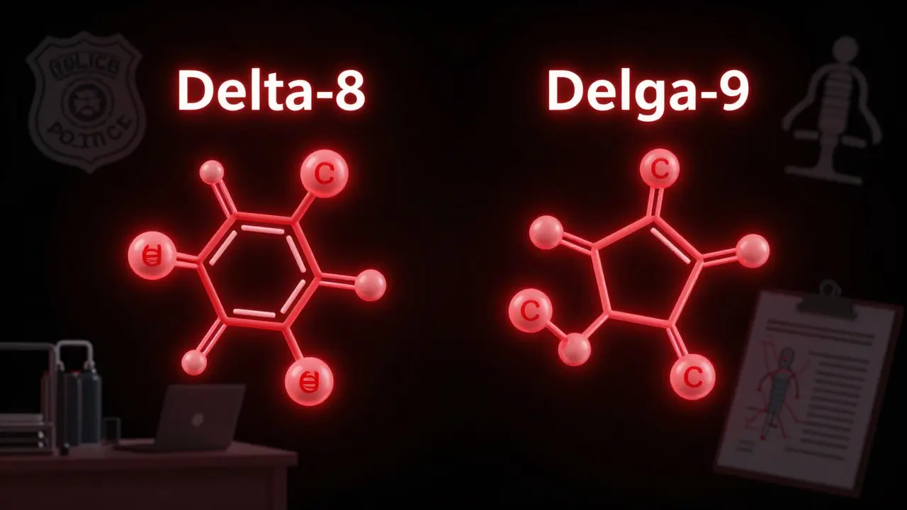 Zwei identische THC-Metaboliten-Moleküle mit den Etiketten Delta-8 und Delta-9 in dunklem Hintergrund.