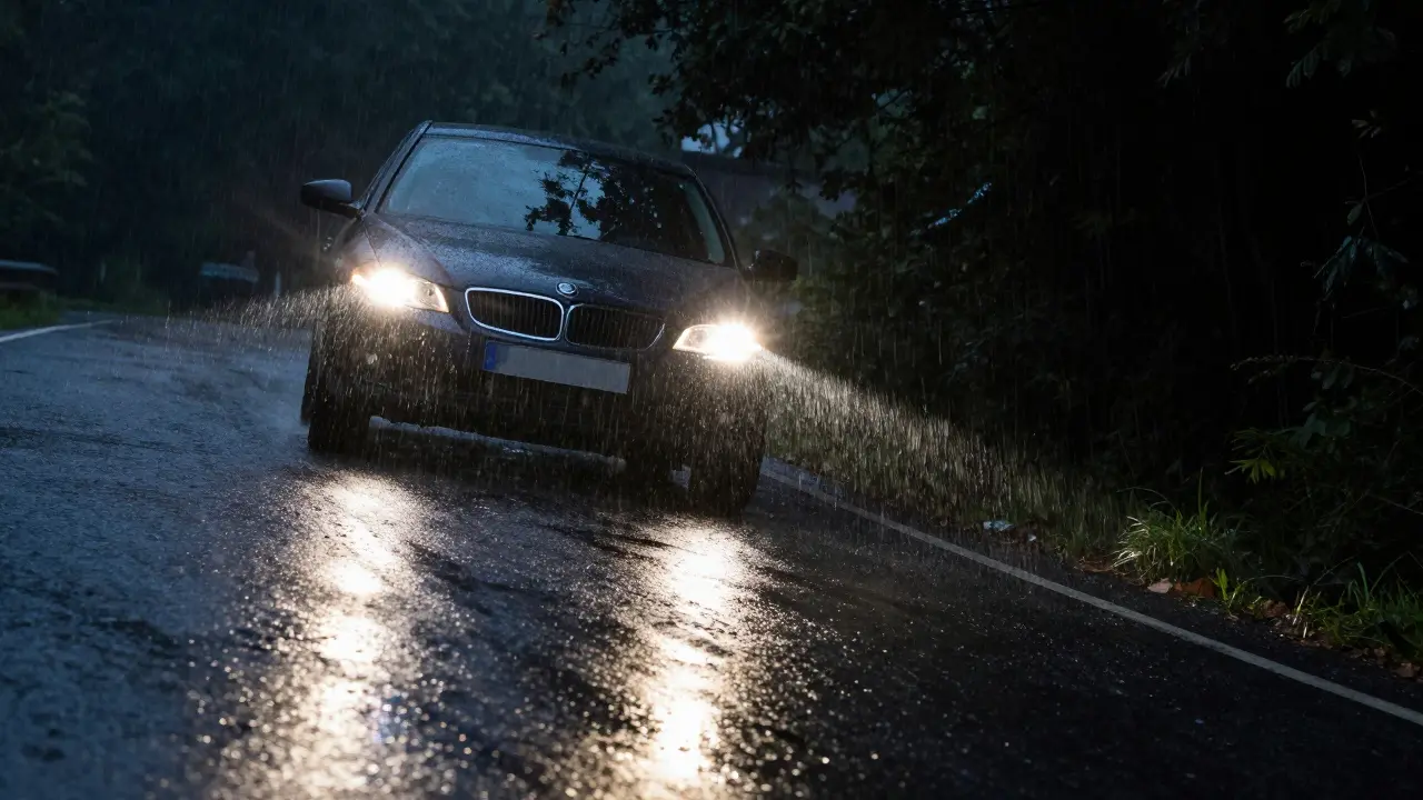 Auto fährt aus Spur auf nasser Straße, Baum vor Kollision
