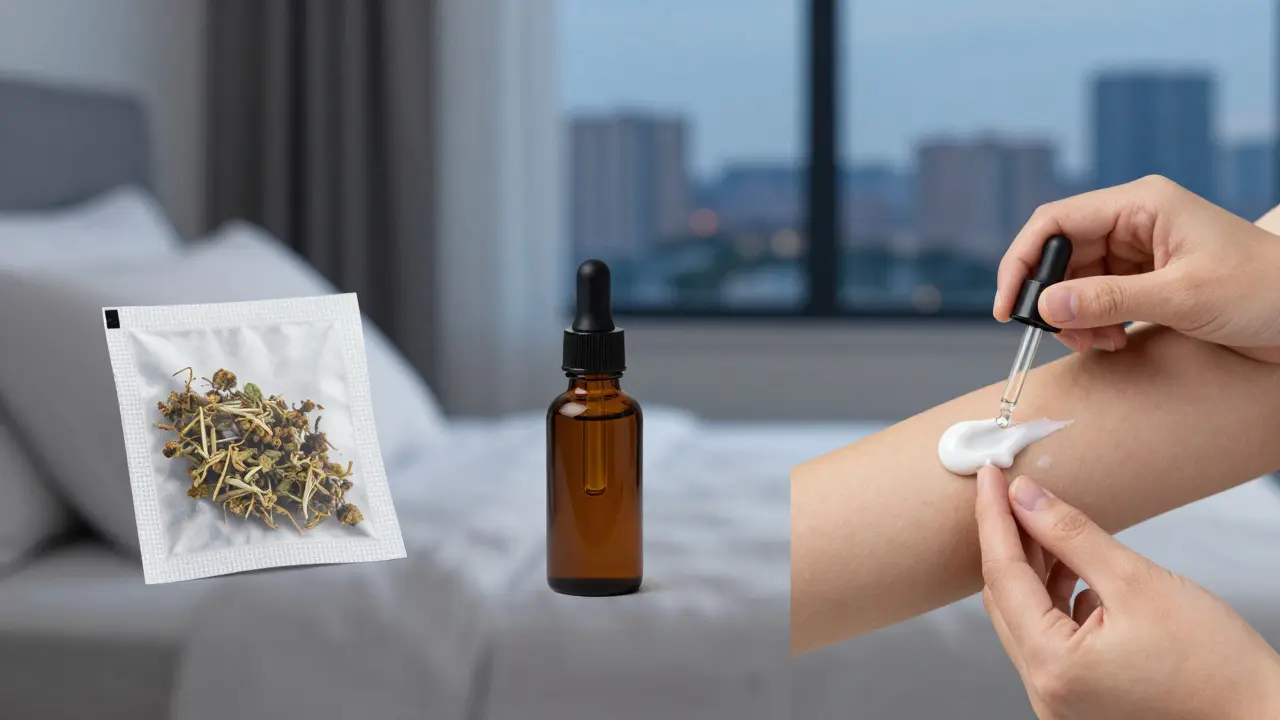 Drei Anwendungsformen von CBD-Blüten: als Duftbeutel, Öl und Salbe.